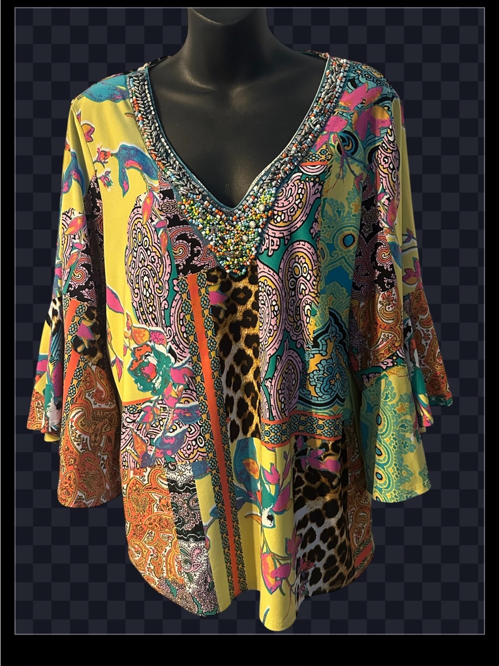 Melissa Paige Beaded V-Neck Mixed Print Tunic in Yellow Multi